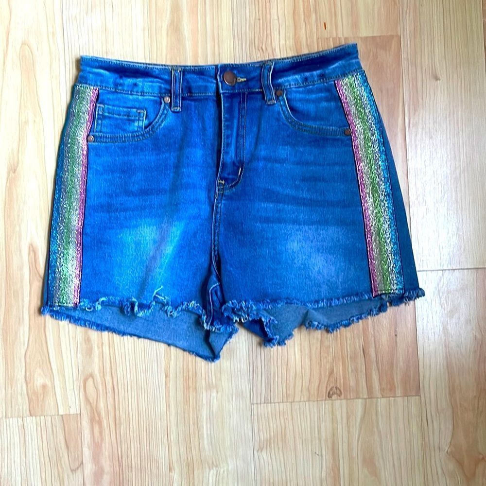 Dollhouse DenimโJean Shorts With Rainbow Glitter Trim Size 7